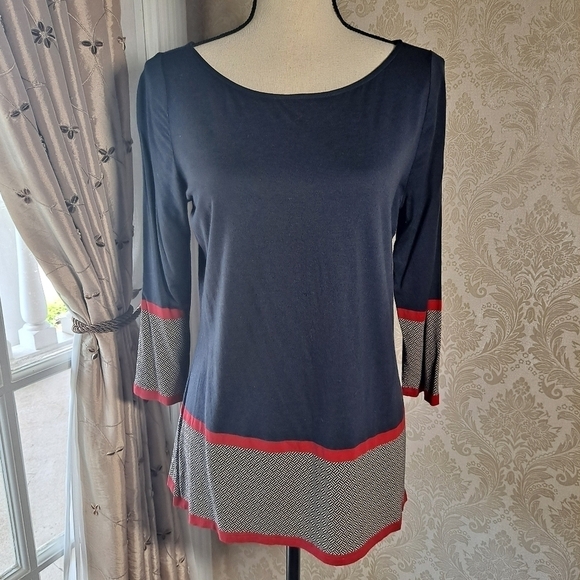 Talbots Size Medium Tunic Top Navy w Red/Cream Accents - Picture 1 of 10